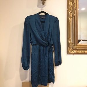turquoise teal satin long sleeve tie dress